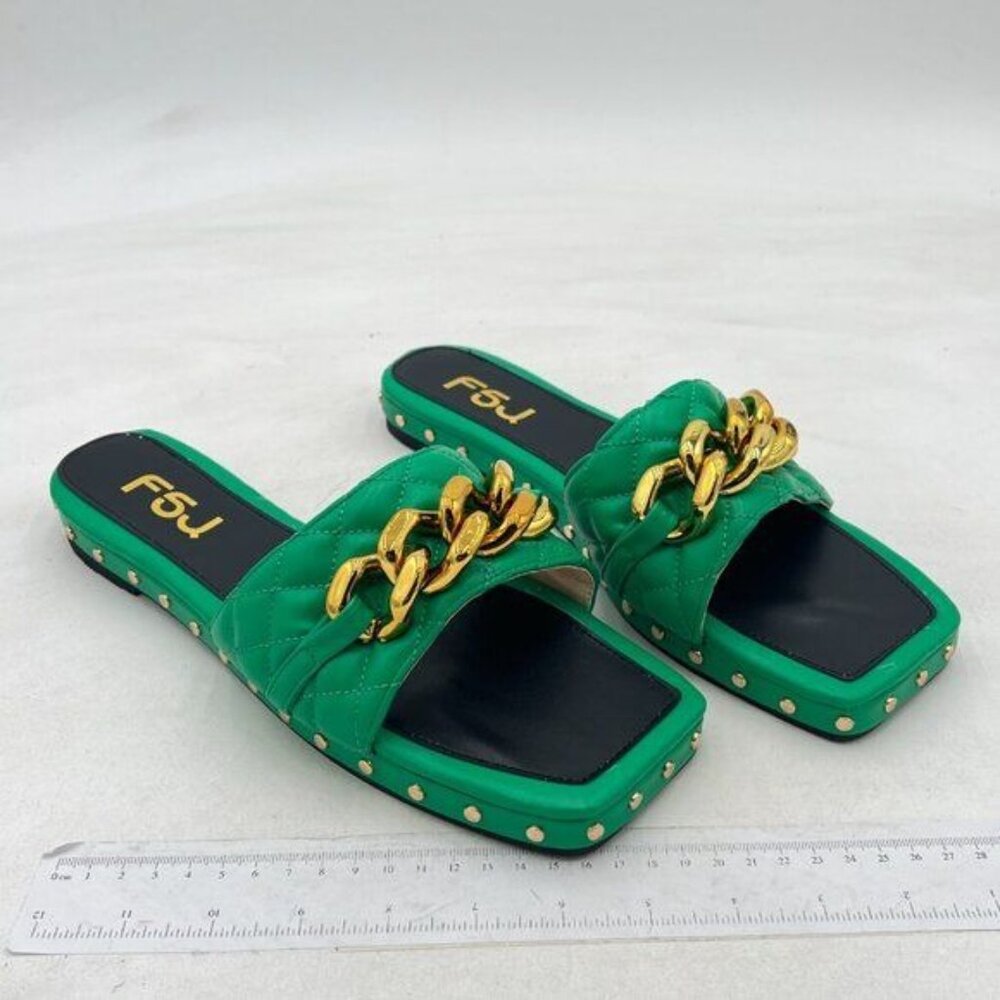 FSJ Green Women Sexy Square Open Toe Comfortable Flat Thick Sole Cushion Sandals - Picture 2 of 8
